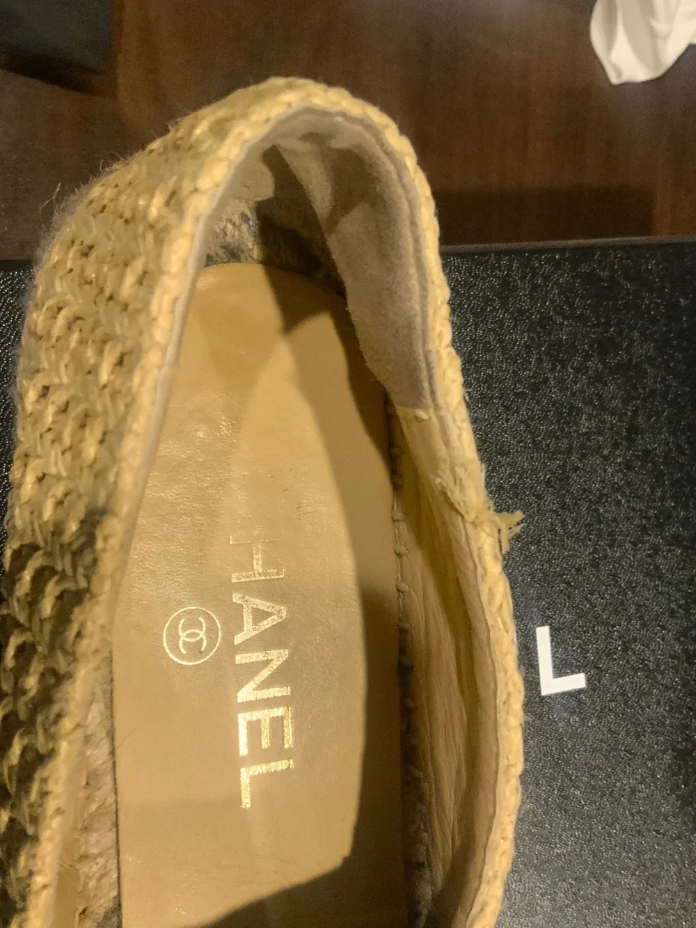 CHANEL Beige and Black Raffia Espadrille Flats with Leather Cap Toe